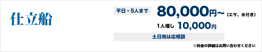 仕立船平日5人まで80,000円（エサ、氷付き）～（土日祝は応相談）、1人増し10,000円