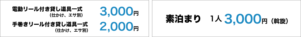 電動リール付き貸し道具一式3,000円（仕かけ、エサ別）、手巻きリール付き貸し道具一式2,000円（仕かけ、エサ別）　素泊まり１人3,000円（斡旋）