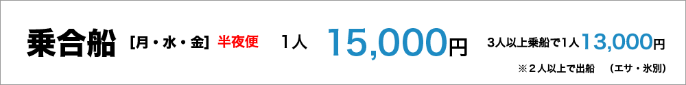 乗合船（月・水・金）１人15,000円（エサ、氷別）、３人以上乗船で１人13,000円　２人以上で出船（エサ、氷別）