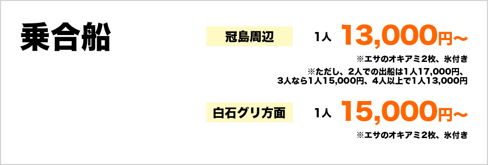 乗合船 冠島周辺1人13,000円（エサのオキアミ2枚、氷付き）  ただし、2人での出船は1人17,000円、3人なら1人15,000円、4人以上で1人13,000円 白石グリ方面1人15,000円（エサのオキアミ2枚、氷付き）