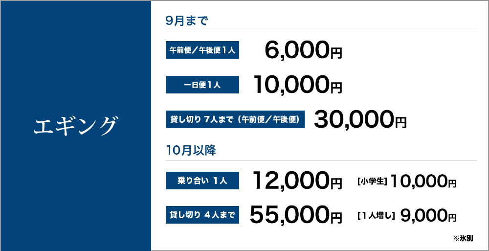 エギング　９月まで　午前便／午後便１人6,000円　一日便１人10,000円　貸し切り７人まで（午前便／午後便）30,000円　10月以降　乗り合い１人12,000円　小学生10,000円　貸し切り４人まで55,000円　１人増し9,000円　※氷別