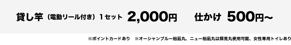 貸し竿（電動リール付き）１セット2,000円、仕かけ500円より